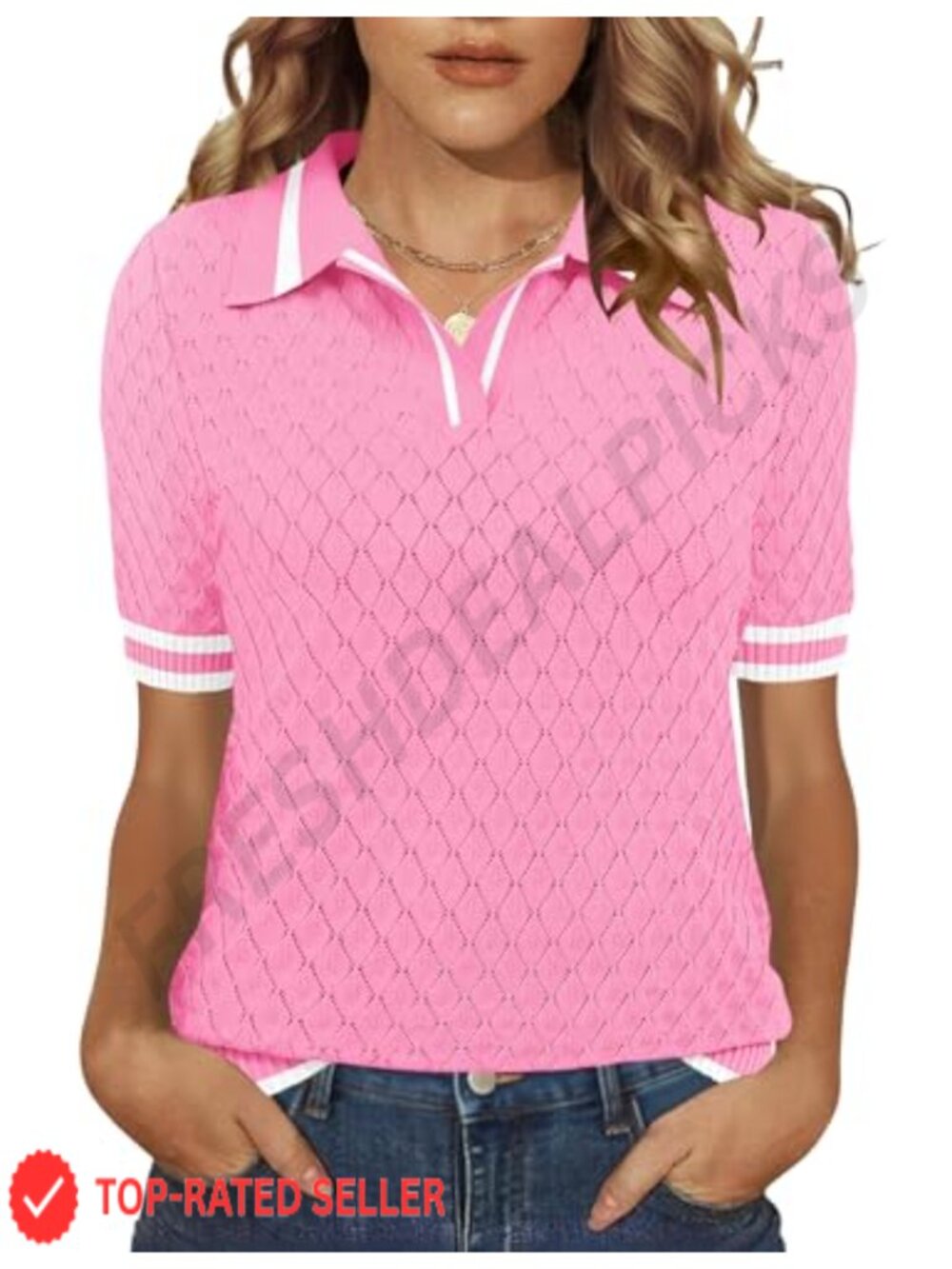 Womens Short Sleeve Viscose Knit Polo Sweater V-Neck Pullover